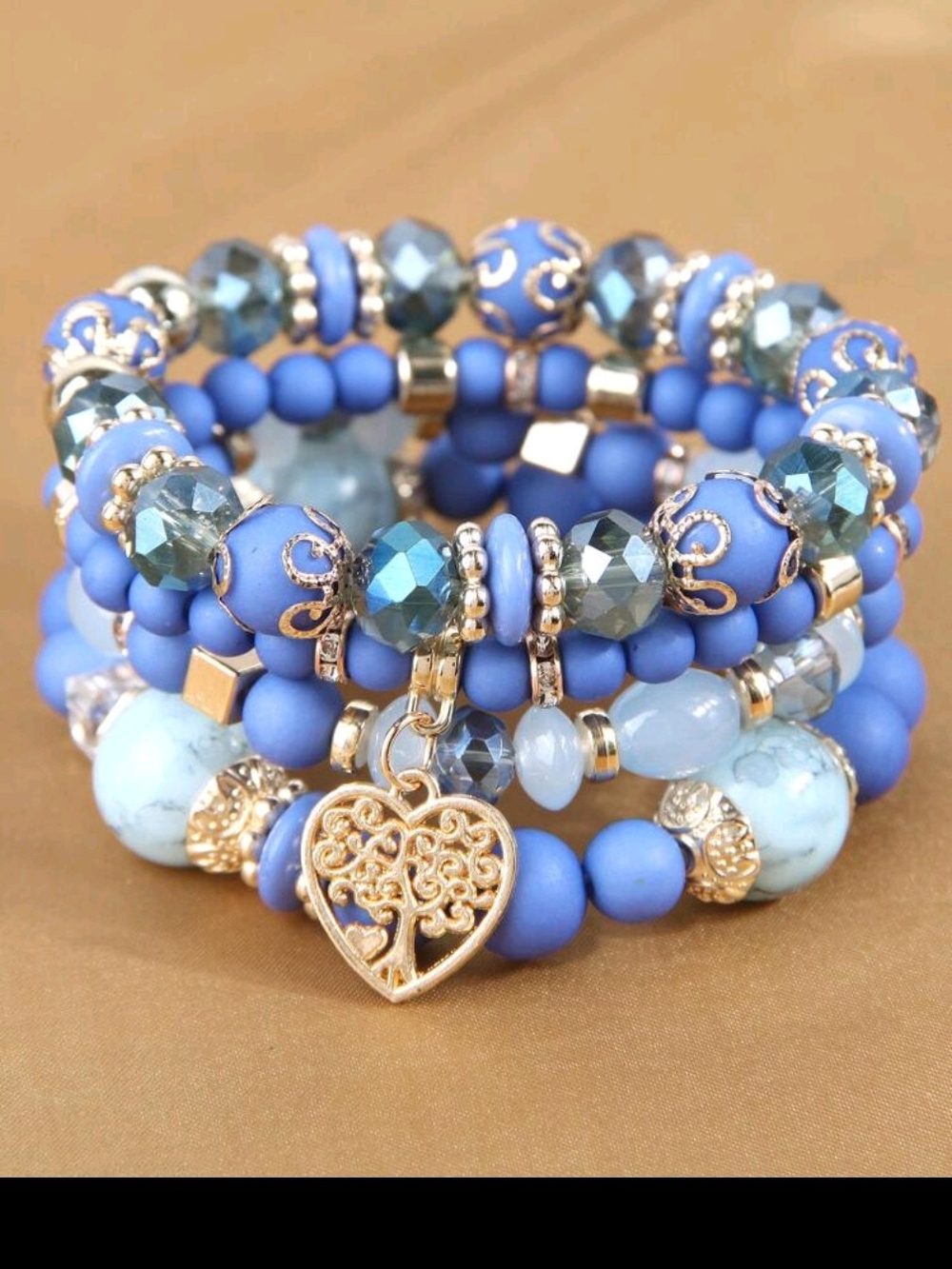 A013 Blue Beaded Heart Charm Stretch Bracelet Set - Unbranded